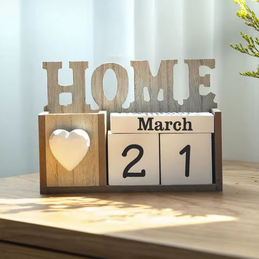 Wooden Home Perpetual Calendar with Pen Holder