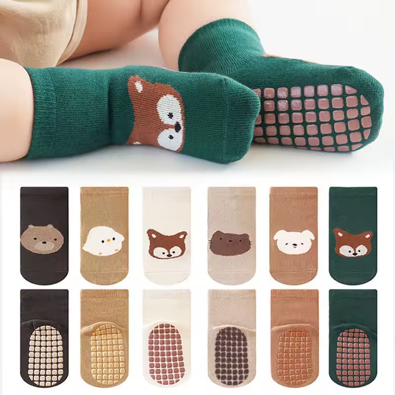 6 Pairs Kids Non-Slip Socks Cute Fox and Bear Pattern