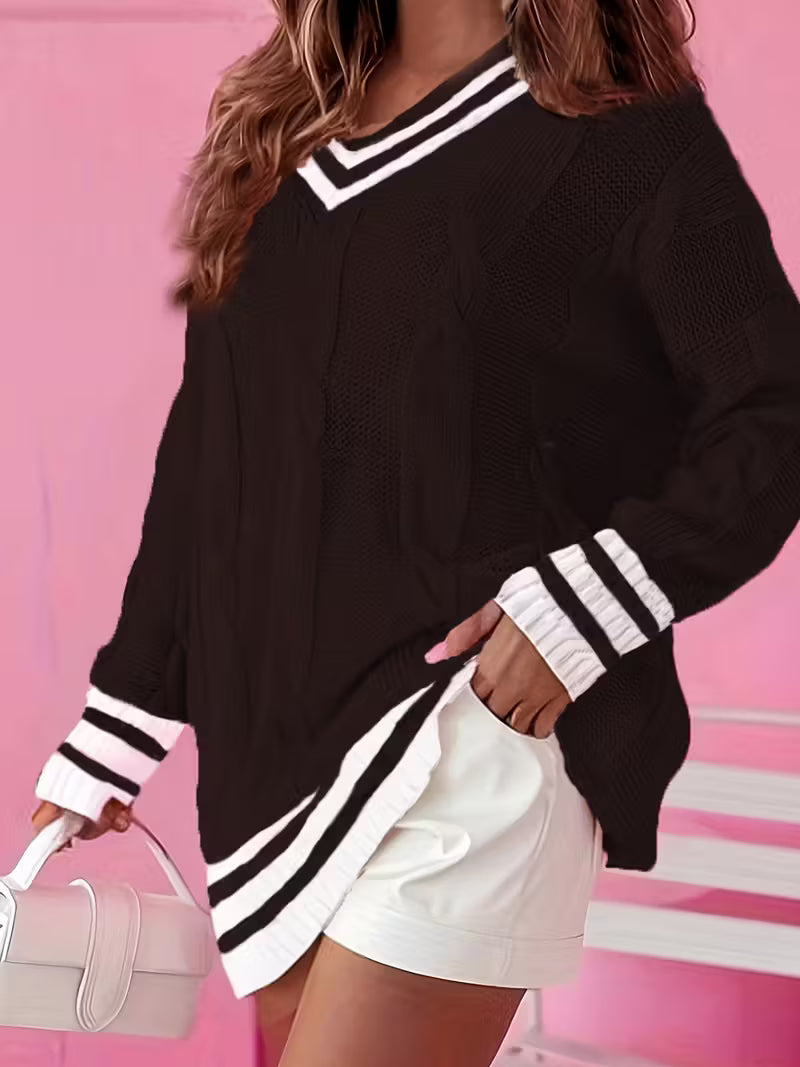 Plus Size Women's Elegant V-Neck Long Sleeve Pullover Sweater