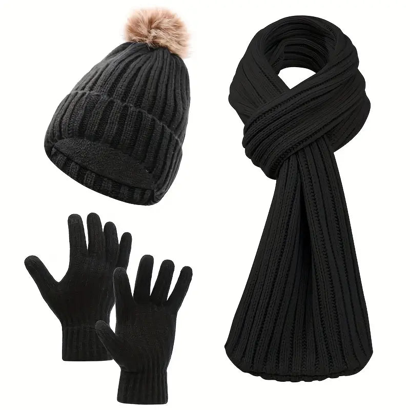 Cozy 3pcs Winter Set - Fleece-Lined Knit Beanie, Scarf & Gloves