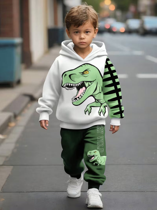2pcs Boys' Cartoon Dinosaur Print Hoodie and Jogger Pants Set