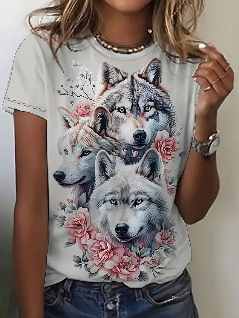 Women's 3D Printed Wolf & Floral Graphic T-Shirt