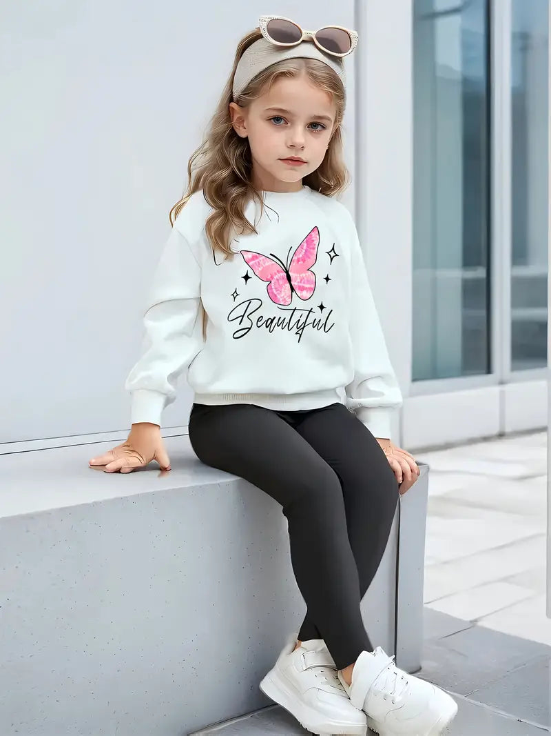 Girls' Casual Print Outdoor Sports Sweatshirt + Solid Color Leggings