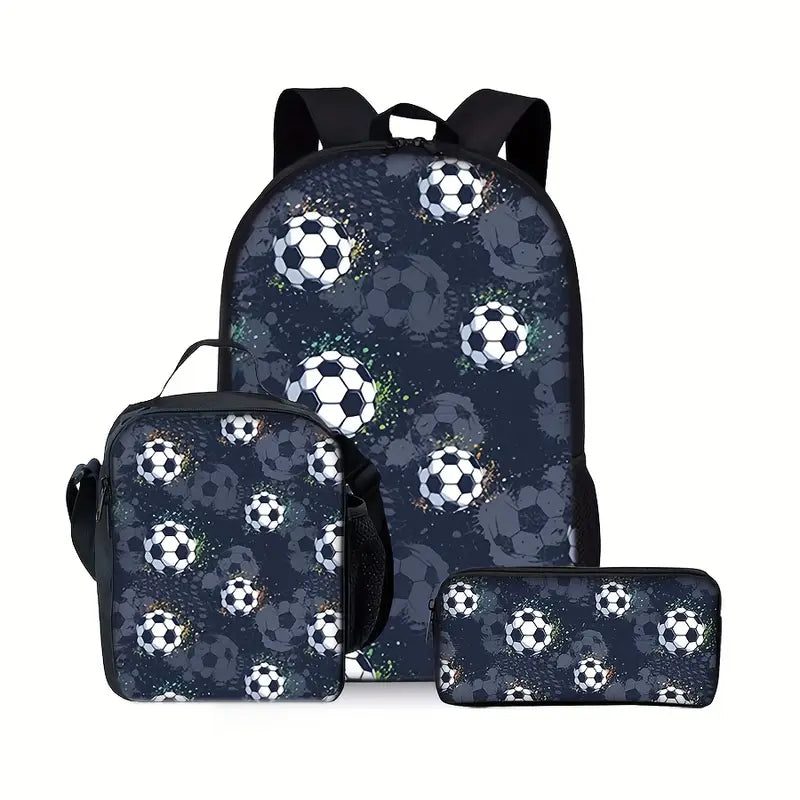Football Print Black Backpack Three Piece Set