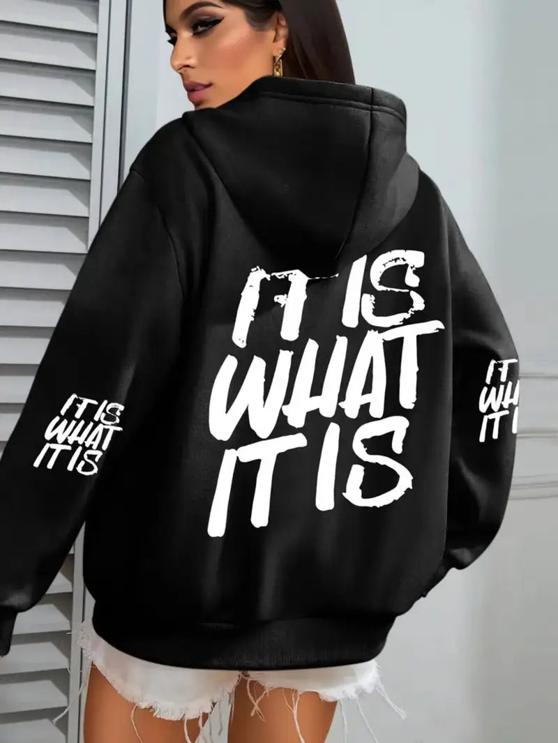 Plus Size, IT IS WHAT IT IS Letter Print Hooded Fleece Sweatshirt