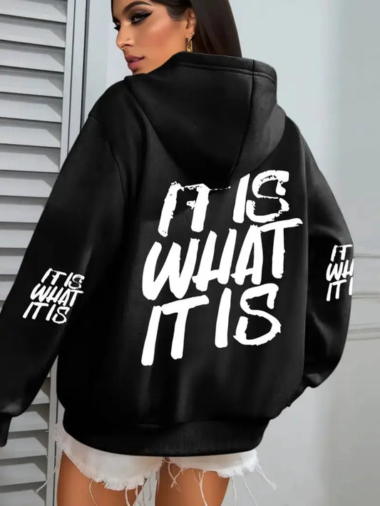 Plus Size, IT IS WHAT IT IS Letter Print Hooded Fleece Sweatshirt