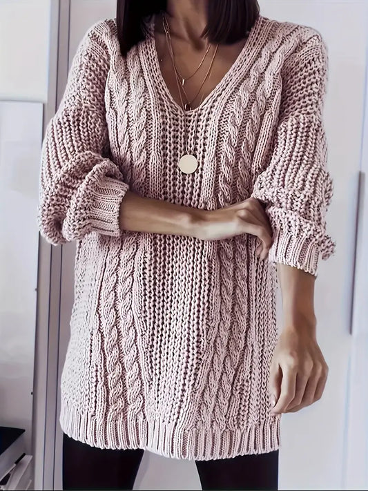 Women's Plus Size Elegant V-Neck Cable Sweater