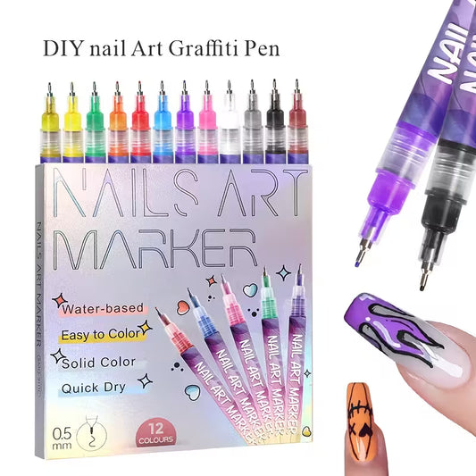 12 Colour Nail Art Markers with Fine Tips