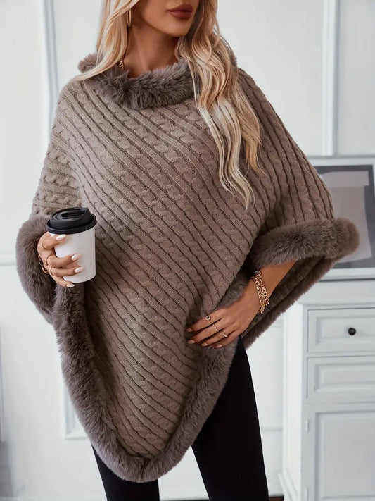 Women's Retro Cable Faux Fur-Lined Cape-Style Poncho