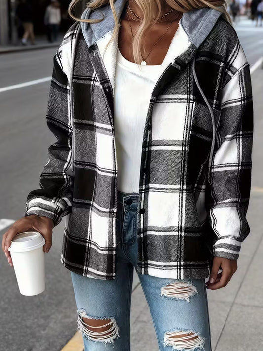 Women'S Plaid Hooded Jacket with Fleece Lining