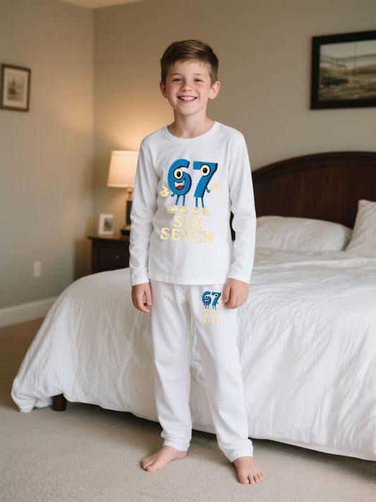 2pcs Boys' 67 Six Seven Math Joke Print Pajama Set