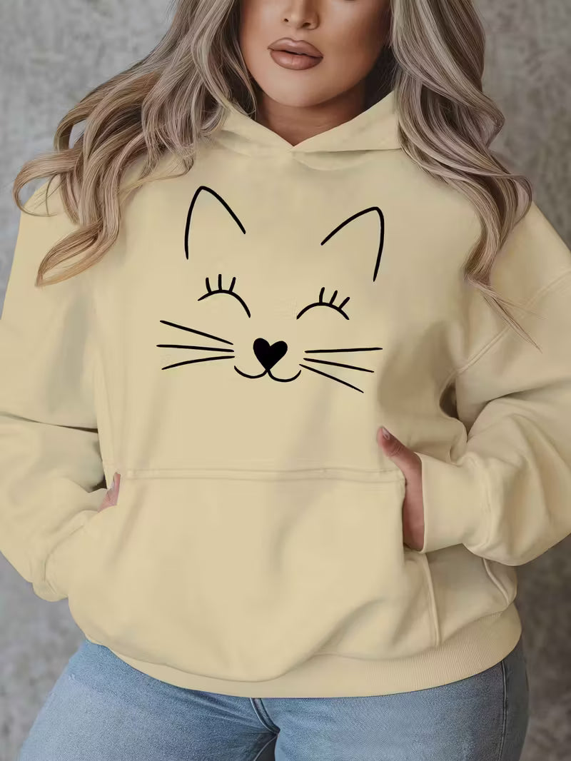 Women'S Plus Size Smiling Cat Graphic Hoodie