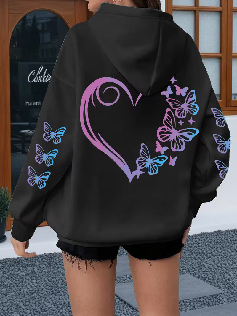 Women's Plus-Size Butterfly & Heart Print Hoodie