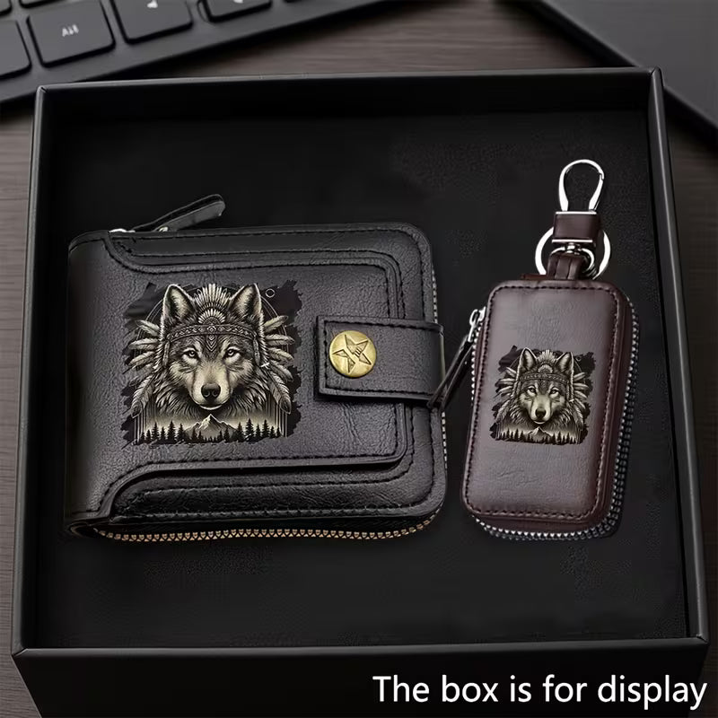2pcs Set Grey Wolf Print Design Fashion Business Wallet + Key Case Combo Set