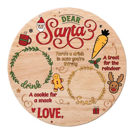Charming Retro-Style Santa and Reindeer Wooden Round Plate