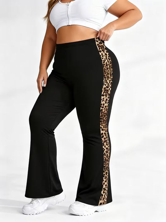Plus Size Elegant and Stylish Leopard Print Patchwork Flared Trousers