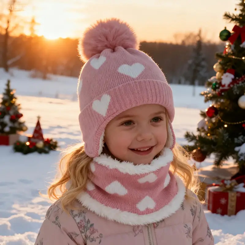 Girls Heart Cozy Fleece-Lined Knit Hat Set