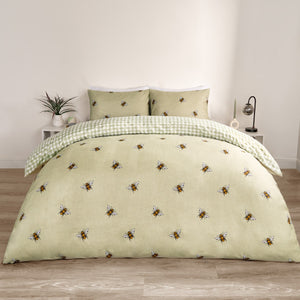 Bee Print Reversible Gingham Duvet Set - Sage