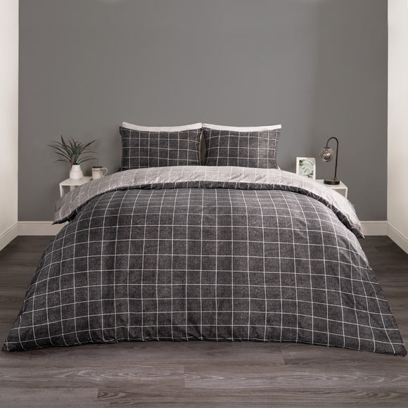 Fine Line Check Reversible Duvet Set - Charcoal/Black