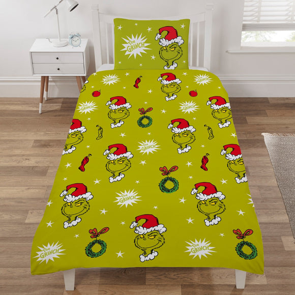 Grinch Christmas Wreath Reversible Duvet Cover Set, Green - Single