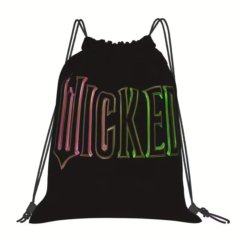 Wicked-Themed Black Drawstring Bag with Colorful "Wicked" Design