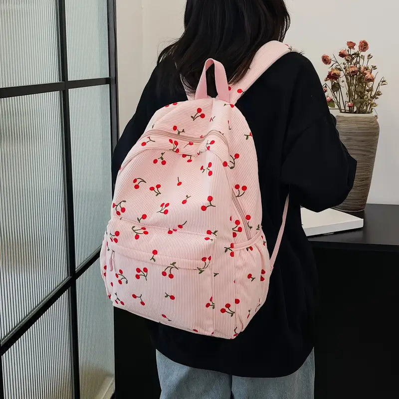 Cherry Print Corderoy Backpack