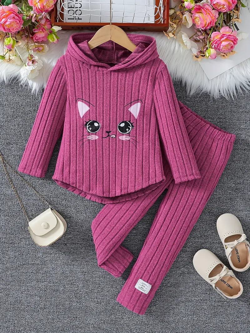 Cute Cat Face Girls' Hoodie and Pants Set