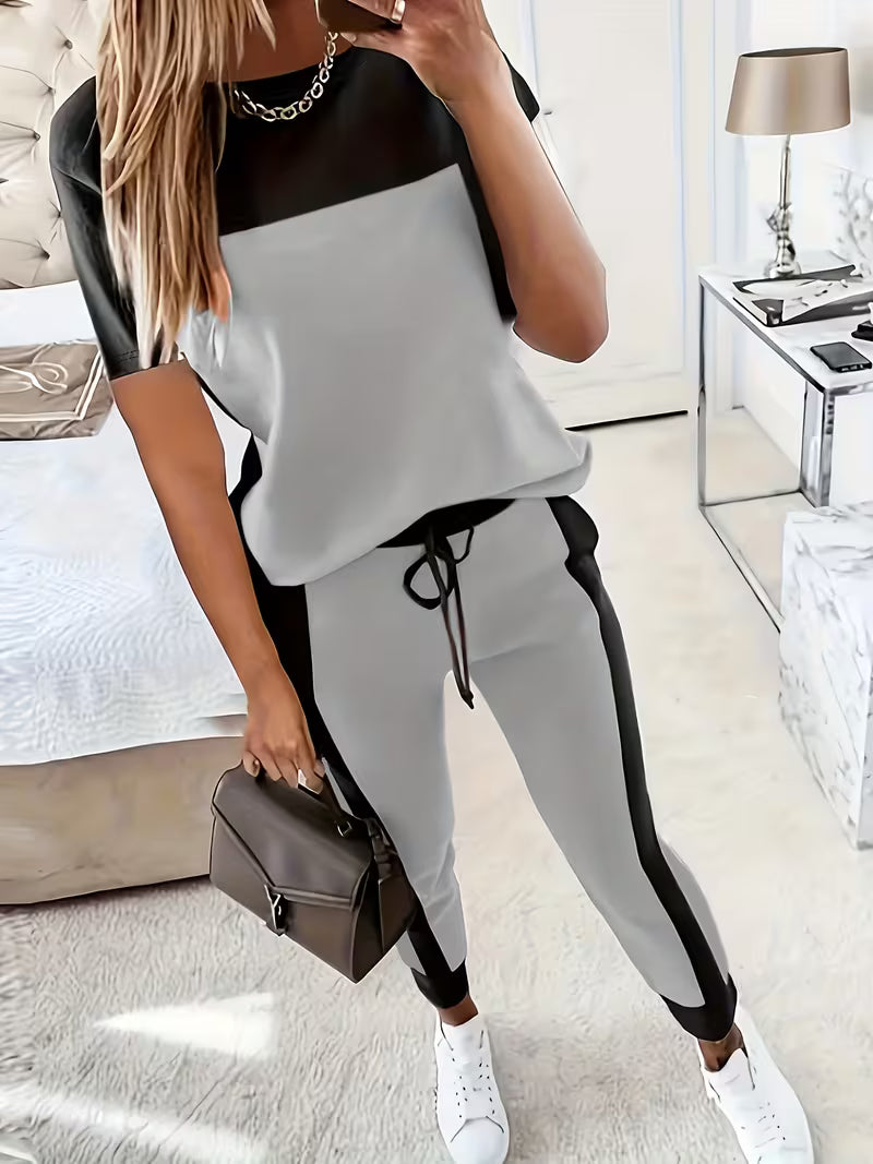 Casual Elegant Color Block Round Neck Long Sleeve T-Shirt and Pants Two-Piece Set
