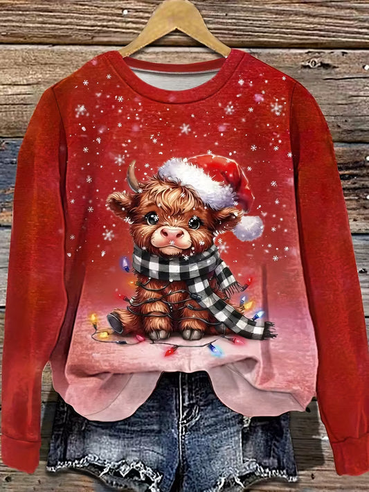 Women's Red & Pink Christmas Highland Cow Santa Sweater