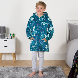 Kids Gaming Print Hoodie Blanket - Teal Blue