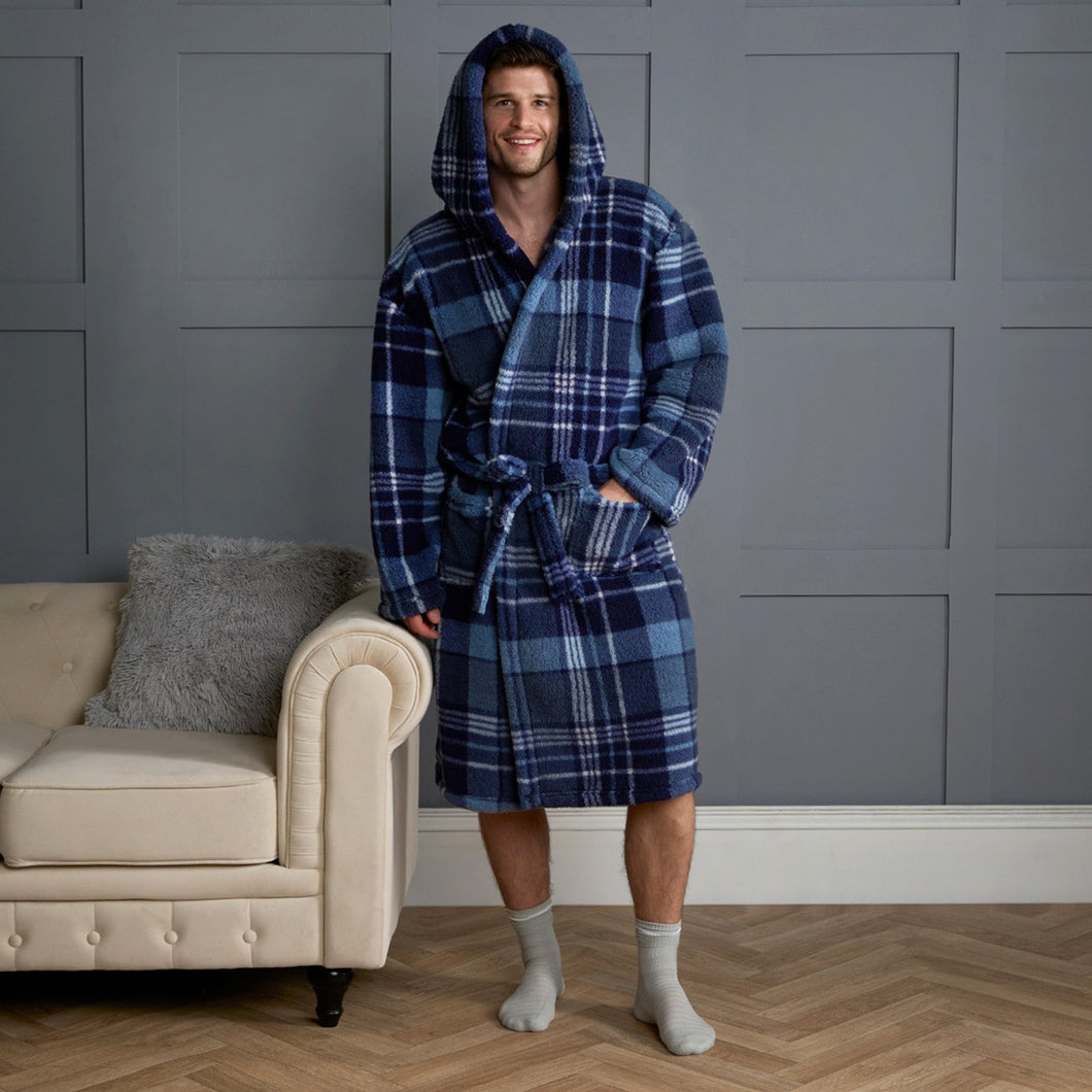 Tartan Check Print Teddy Dressing Gown, Adults