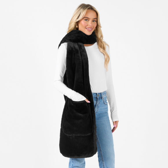 Faux Fur Pocket Scarf - Black