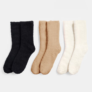 3 Pack Fluffy Fleece Socks -  Beige Black Cream