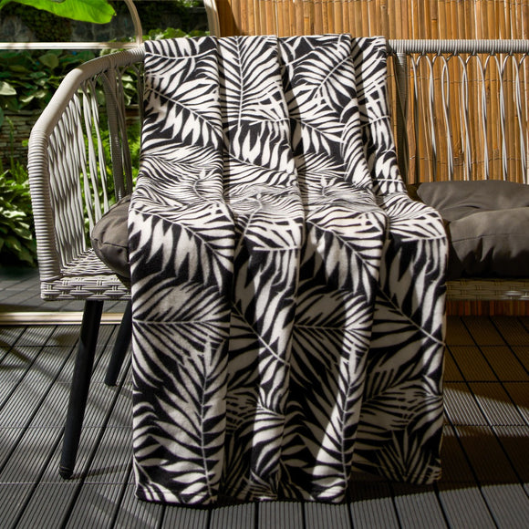 Polar Fleece Leaf Print Throw, Black / White - 120 x 150cm - PRE ORDER