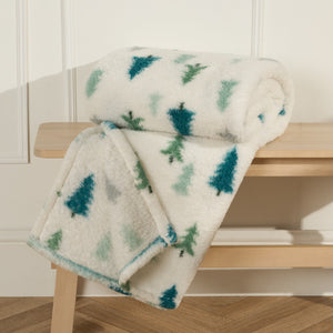 Christmas Tree Print Teddy Throw - Cream