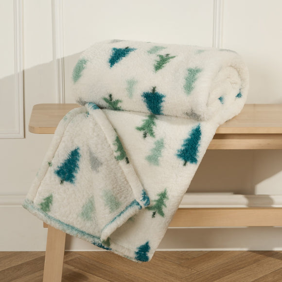 Christmas Tree Print Teddy Throw - Cream