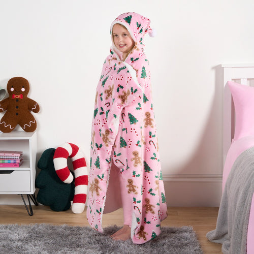 Gingerbread Man Hooded Santa Blanket - Pink