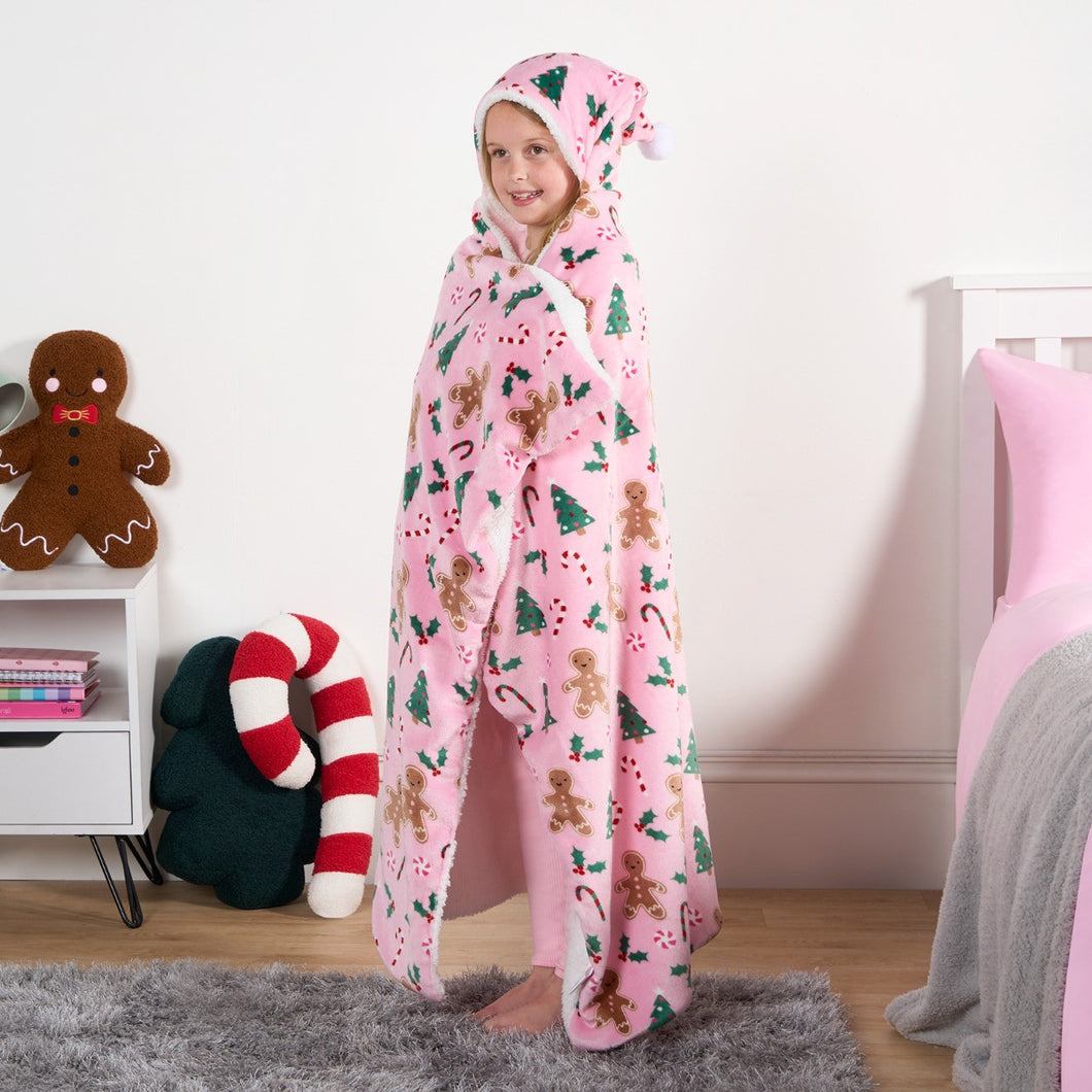 Gingerbread Man Hooded Santa Blanket - Pink