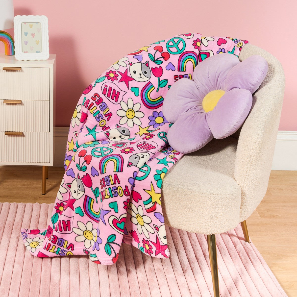 Positive Vibes Print Sherpa Reverse Throw