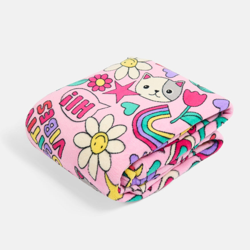 Positive Vibes Print Sherpa Reverse Throw