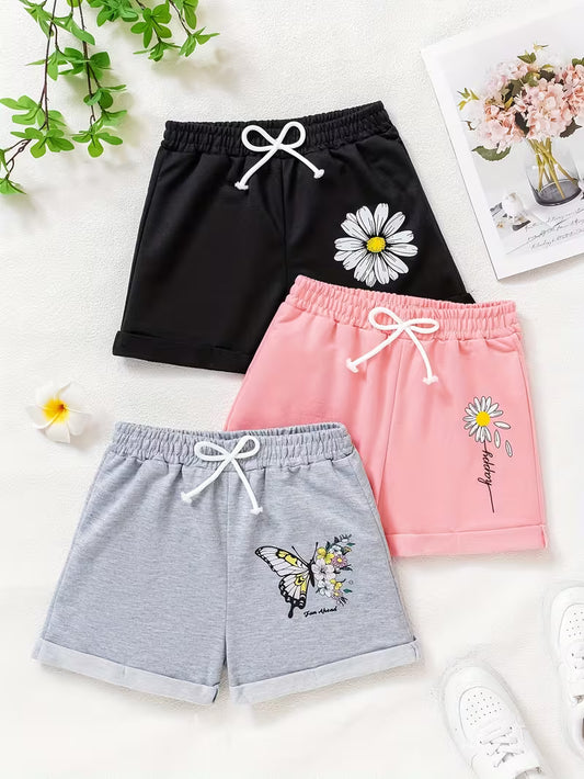 3pcs Cute Floral & Butterfly Print Girls' Elastic Waist Shorts