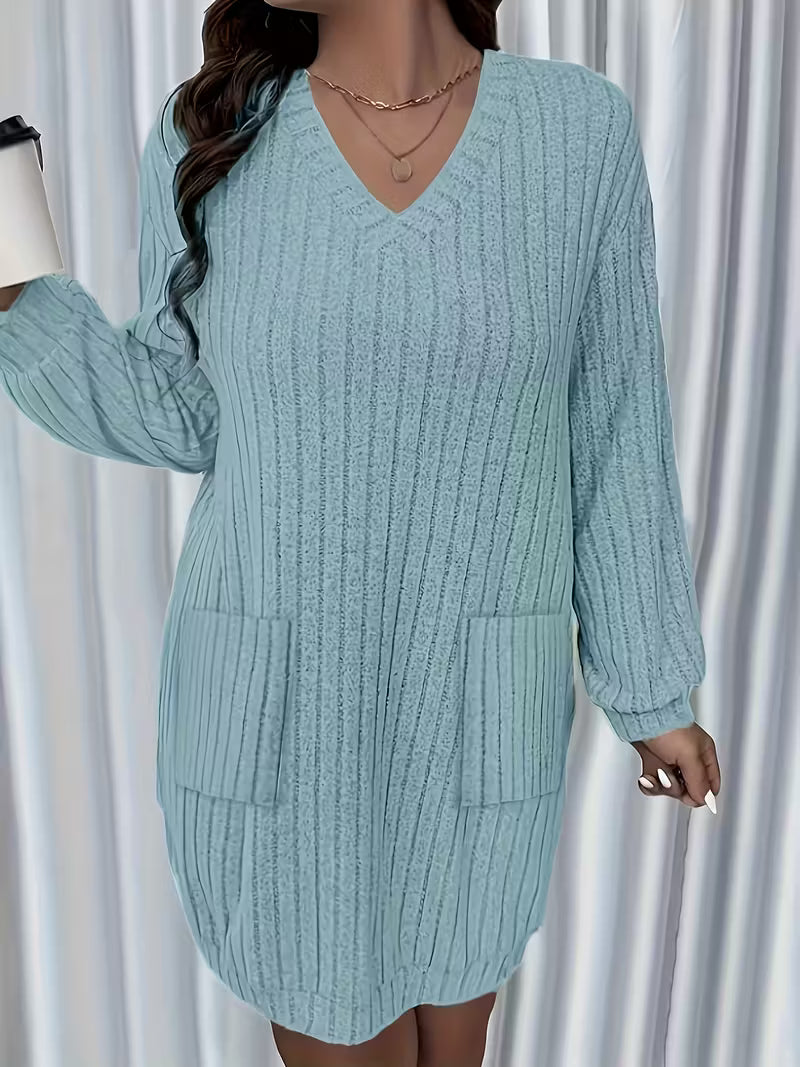Plus Size Women'S Elegant V-Neck Long Sleeve Dress with Pockets