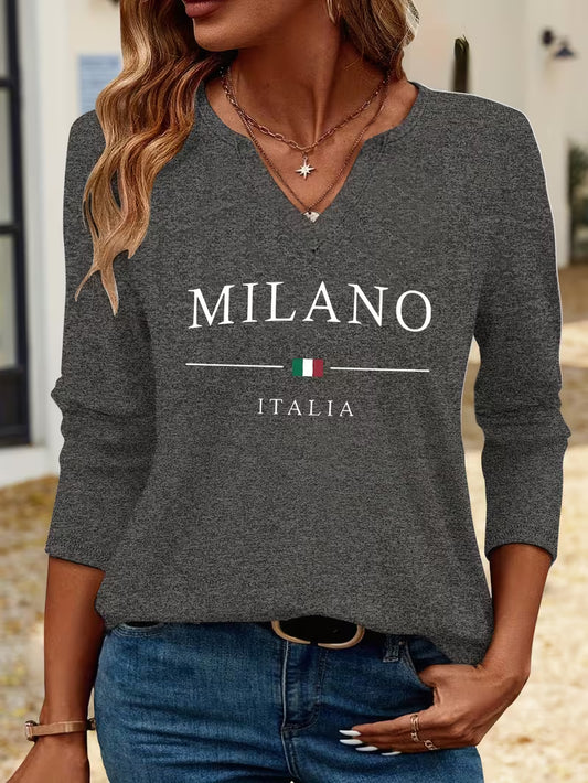 Women'S Casual V-Neck 3/4 Sleeve Milano Italia Letter Print Top