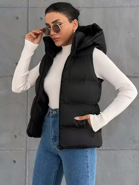 Chic Black Hooded Puffer Vest for Women