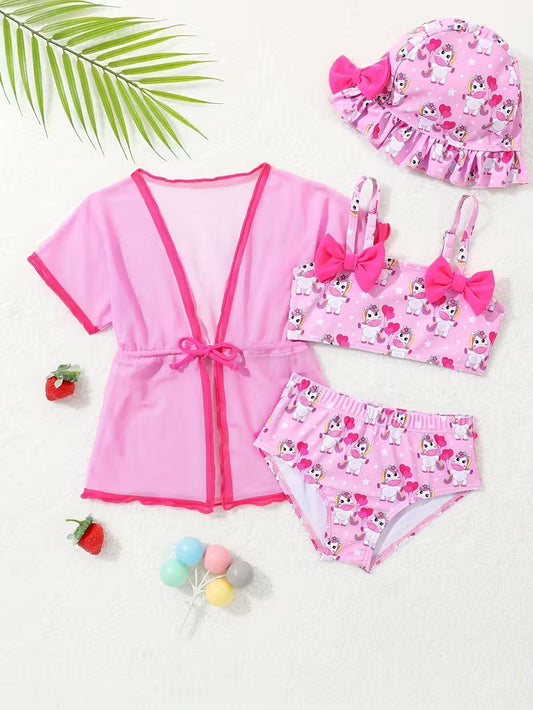 Dreamy Unicorn, Pink Girls' Swimwear Four-Piece Set