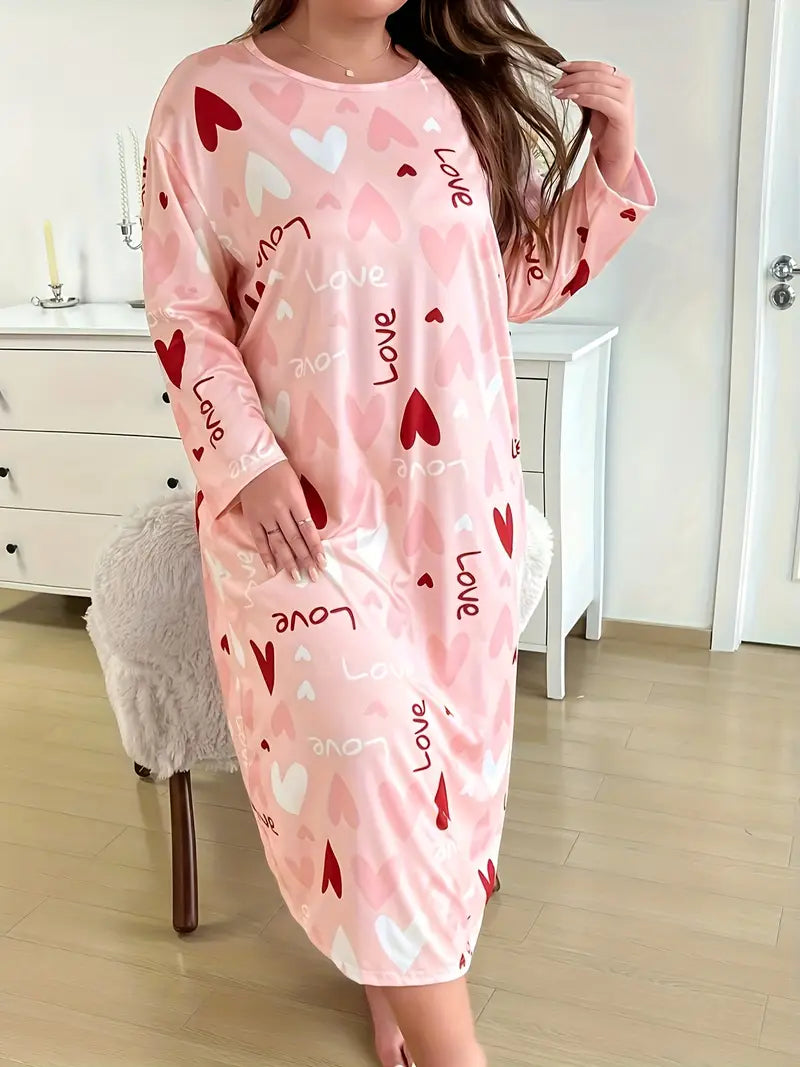 Soft Pink Plus Size Sleepdress with Heart Pattern