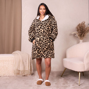 Sherpa Hoodie Blanket, Leopard - One Size