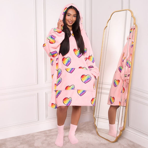 Rainbow Hearts Hoodie Blanket - Blush