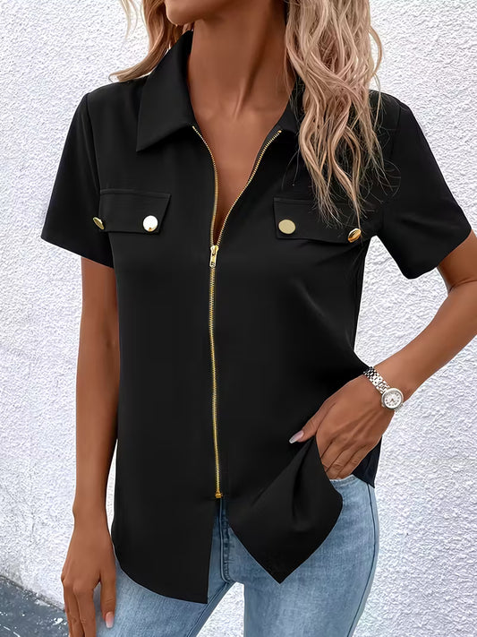 Ladies Simple Solid Color Zipper Shirt