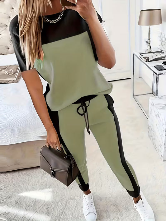 Casual Elegant Color Block Round Neck Long Sleeve T-Shirt and Pants Two-Piece Set
